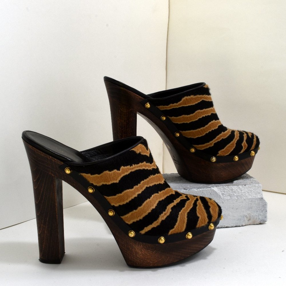 Gucci Calf Hair Tiger Striped Platform Clogs